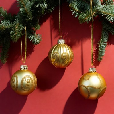 Gold Christmas Ornaments Hanging on Red Background
