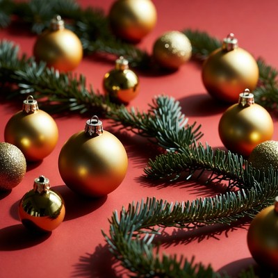 Gold Christmas Ornaments with Pine Branches