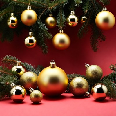 Gold Christmas ornaments on red background