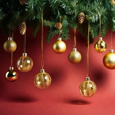 Gold Christmas ornaments hanging on pine branches