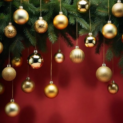 Gold Christmas Ornaments Hanging on Pine Branches