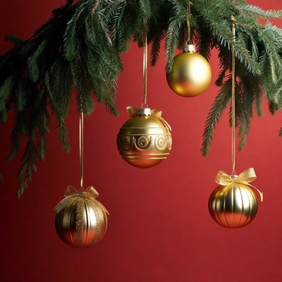 Gold Christmas Ornaments Hanging from Fir Branches