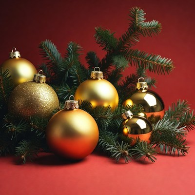 Gold Christmas Ornaments with Pine Branches