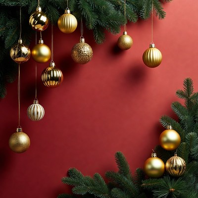 Gold Christmas ornaments on red background