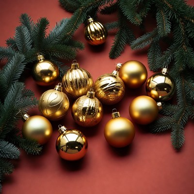 Gold Christmas Ornaments on Red Background