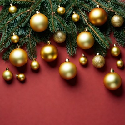 Gold Christmas Baubles on Fir Branches