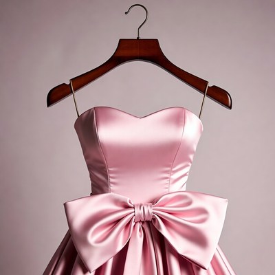 Pink satin dress on hanger