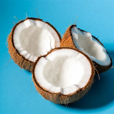 Three Split Coconuts on Blue Background