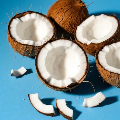 Fresh Cut Coconuts on Blue Background