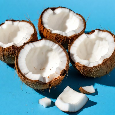 Four Split Coconuts on Blue Background