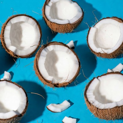 Fresh Open Coconuts on Blue Background