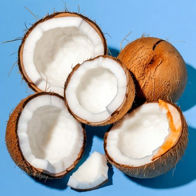 Fresh Split Coconuts on Blue Background
