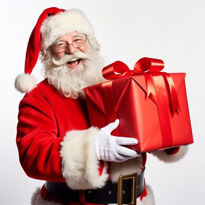 Smiling Santa holding red gift box