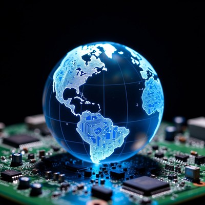 Glowing Earth Globe on Circuit Board