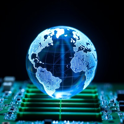 Glowing Earth Globe on Circuit Board