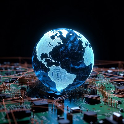 Glowing Earth Globe on Circuit Board