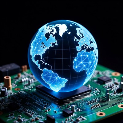 Glowing Earth Globe on Circuit Board