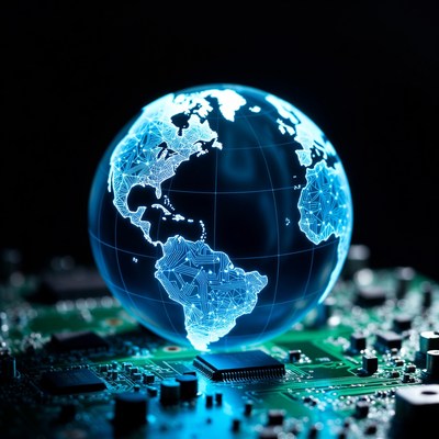 Glowing Earth Globe on Circuit Board