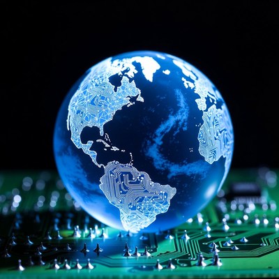 Glowing Earth Globe on Circuit Board