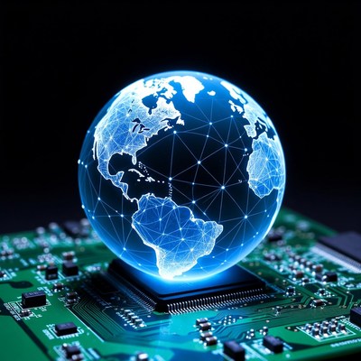 Glowing Earth Globe on Circuit Board