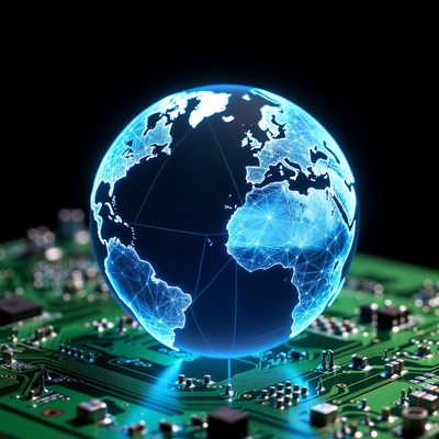 Glowing Earth Globe on Circuit Board