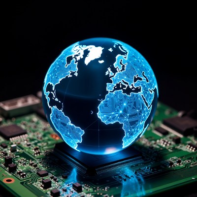 Glowing Earth Globe on Circuit Board
