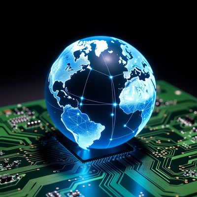 Glowing Earth Globe on Circuit Board