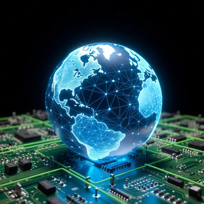 Glowing Earth Globe on Circuit Board