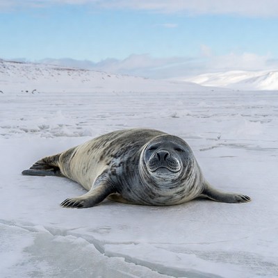 Harbor seal lying on Arctic snow