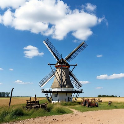 Traditional Windmill in Wheat Field