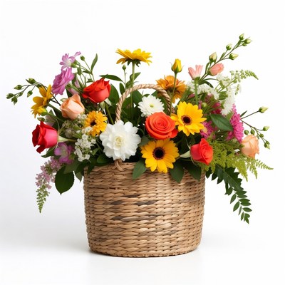 Colorful Flowers in Wicker Basket