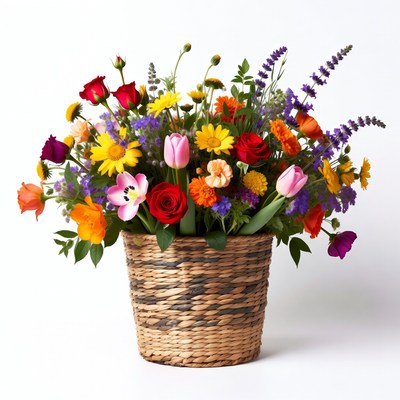 Colorful Flowers in Wicker Basket