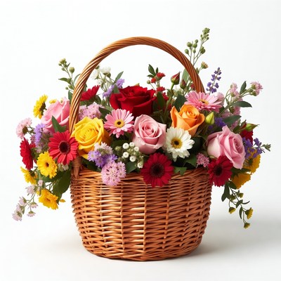 Colorful Flowers in Wicker Basket