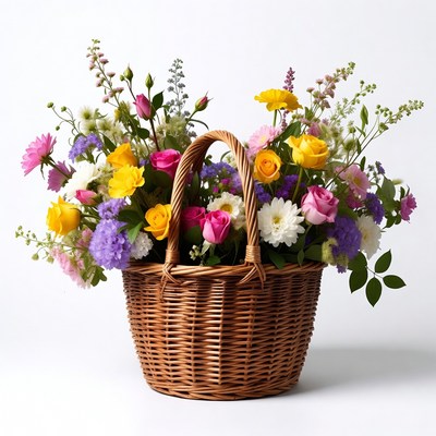 Colorful Flowers in Wicker Basket