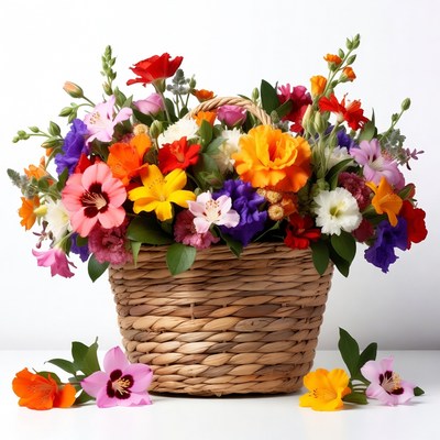 Colorful Flowers in Wicker Basket