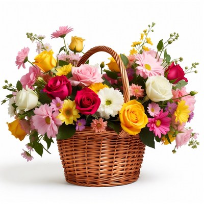 Colorful Flowers in Wicker Basket