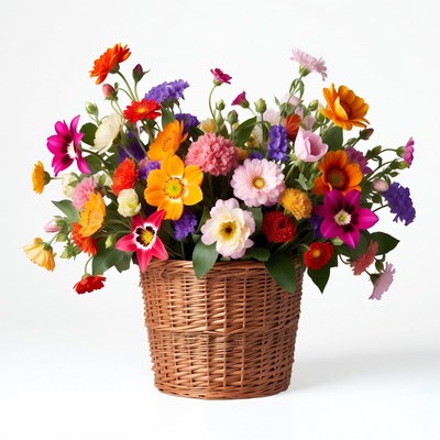 Colorful Flowers in Wicker Basket