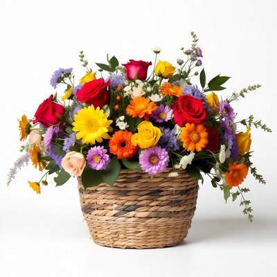 Colorful Flowers in Wicker Basket