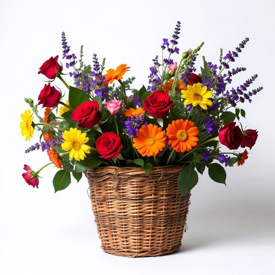 Colorful Flowers in Wicker Basket