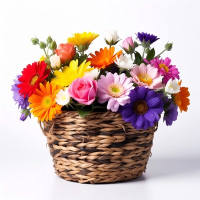 Colorful Flowers in Wicker Basket