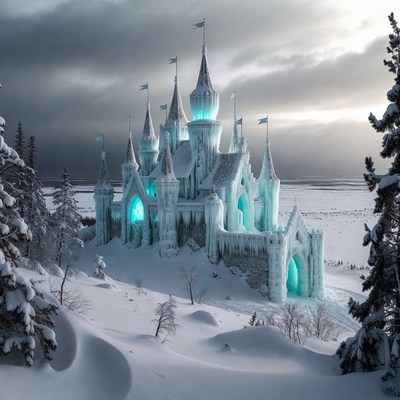 Ice Castle in Snowy Landscape
