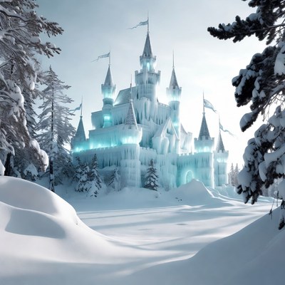 Ice Castle in Snowy Forest