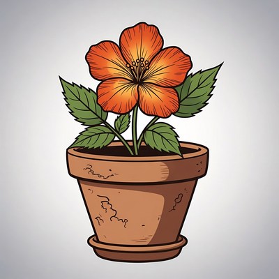 Orange Hibiscus Flower in Terracotta Pot