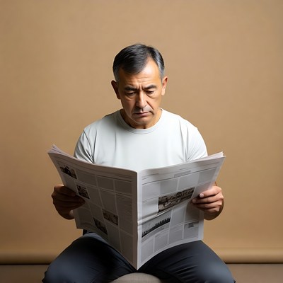 Asian man reading newspaper