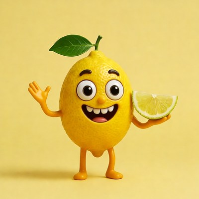 Cartoon Lemon Waving with Slice