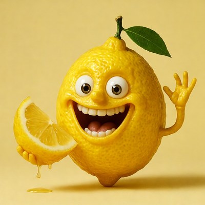 Smiling Cartoon Lemon Holding Slice
