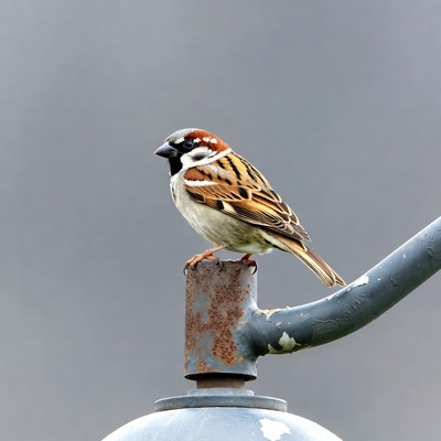 House Sparrow Perched on Metal Pole