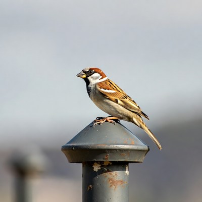House Sparrow on Metal Post