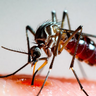 Mosquito biting human skin