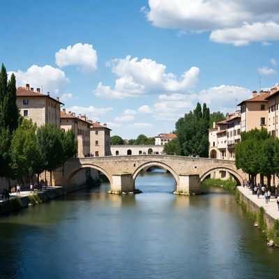 Stone Bridge over River with Buildings